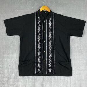 Vtg‎ Guayabera Shirt Mens M/L Black 100% Cotton Cabana Resort Camp Retro